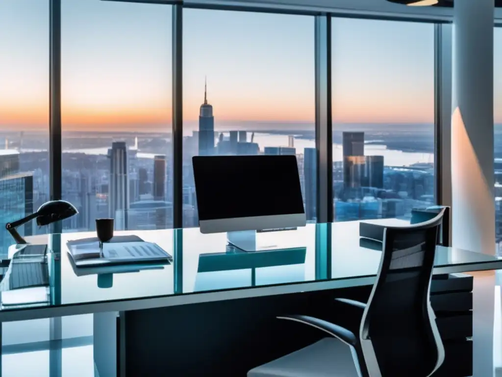 Oficina minimalista con vista a la ciudad Oficina moderna con escritorio negro frente a ventana, transmitiendo profesionalismo y éxito en marketing de afiliados