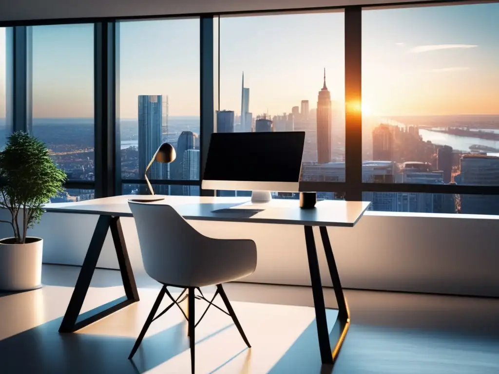 Espacio de oficina moderno con vista a la ciudad Oficina moderna con vista panorámica de ciudad, representando estrategias efectivas para maximizar ingresos en el marketing de afiliados