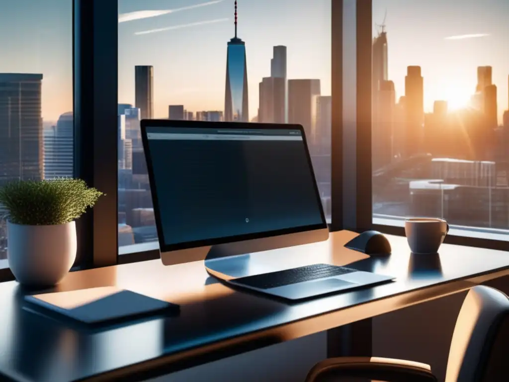 Oficina minimalista con vista panorámica Oficina minimalista con vistas a la ciudad: estrategias de contenido para convertir visitantes en compradores en el marketing de afiliados