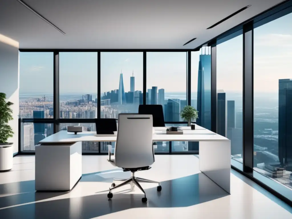 Espacio de oficina moderno y minimalista con vista a la ciudad Imagen de oficina moderna con vista a la ciudad: casos de éxito en optimización de conversiones en marketing de afiliados