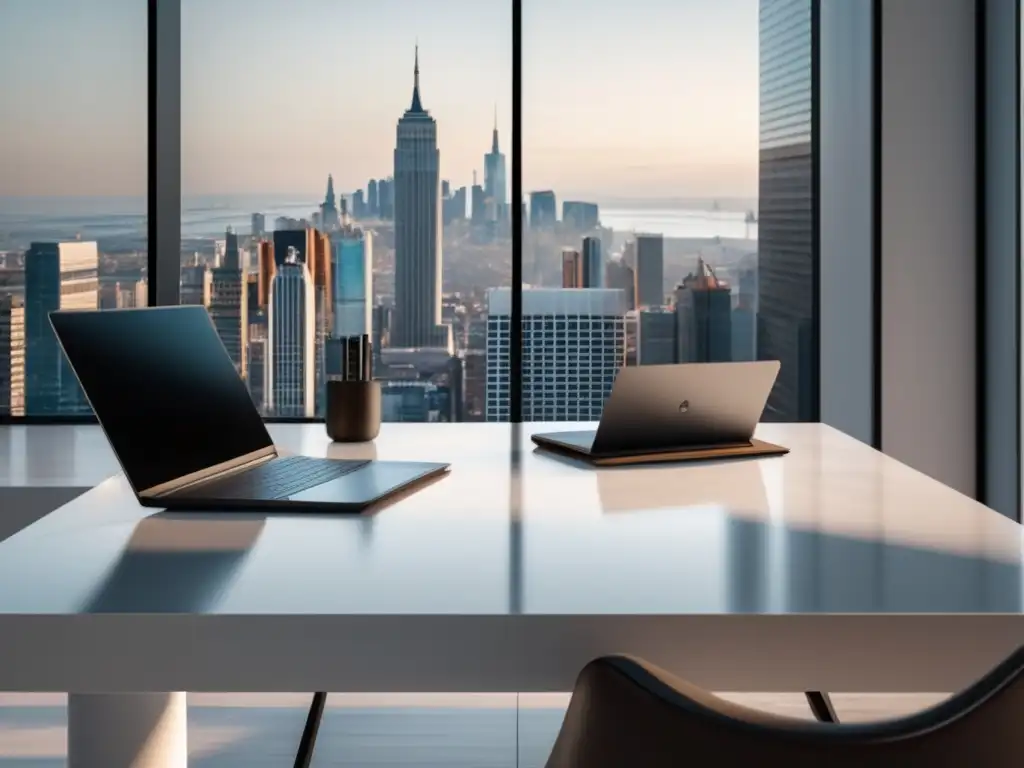 Oficina minimalista con vista panorámica Oficina minimalista con ventana panorámica y escritorio blanco - métricas clave para marketing de afiliados