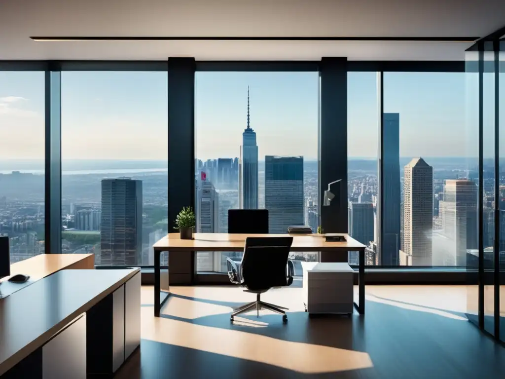 Oficina minimalista con vista panorámica Espacio de oficina minimalista con vista panorámica a una ciudad, escritorio moderno, libros de marketing y luz natural