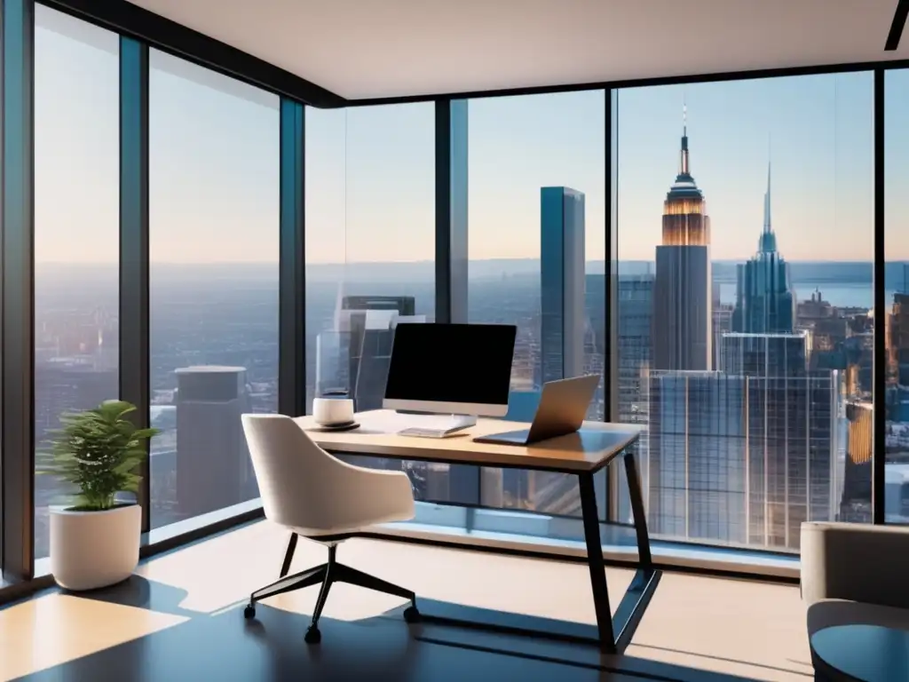 Oficina moderna con vista a la ciudad Oficina moderna con vista a la ciudad, escritorio minimalista y estratégico para marketing de afiliados