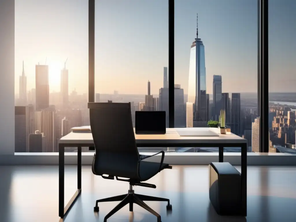 Oficina minimalista con vista panorámica de la ciudad, escritorio moderno con libros de marketing y métricas de afiliados