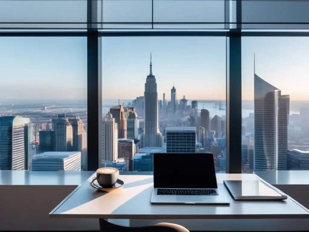 Espacio de oficina moderno y minimalista Casos exitosos de estrategias de marketing de afiliados en una oficina moderna y minimalista con vista panorámica a la ciudad