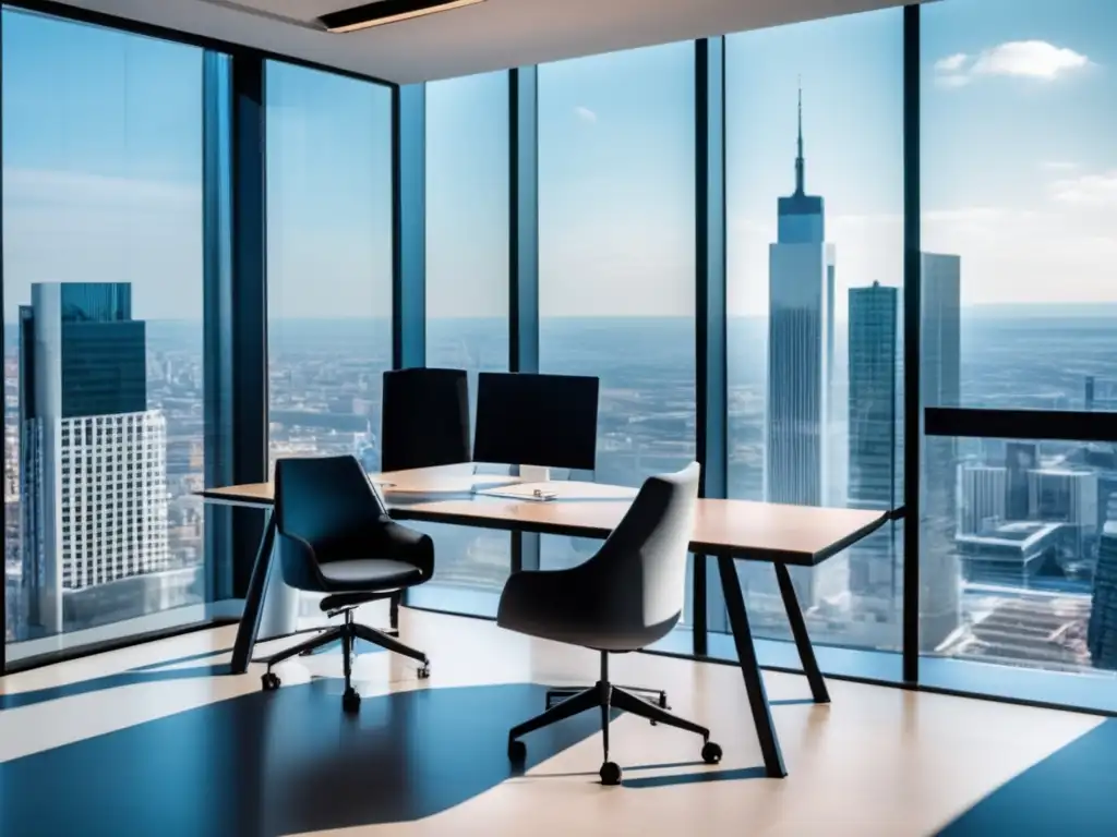 Oficina minimalista con vista panorámica Oficina moderna con vista panorámica a la ciudad y aspectos legales en marketing de afiliados