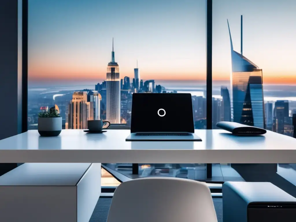 Oficina minimalista con vista panorámica de la ciudad Oficina minimalista con vista panorámica de la ciudad, luz natural y escritorio moderno