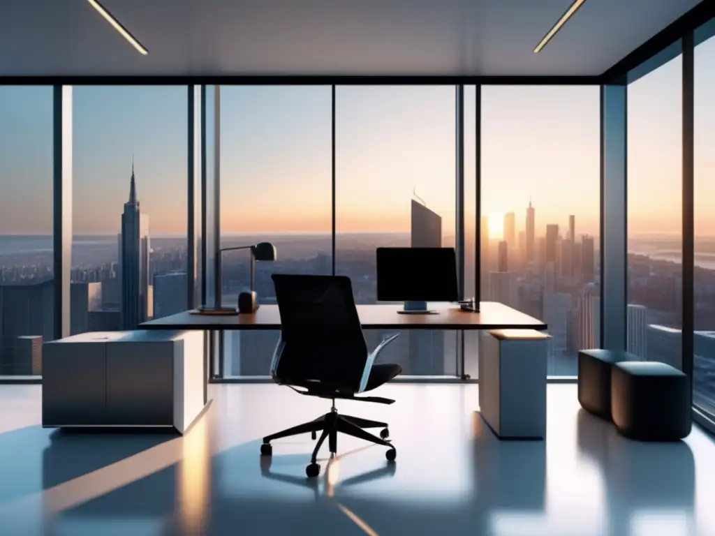 Escritorio minimalista con laptop iluminada y vista de la ciudad Escritorio minimalista con laptop, cuaderno, café y vista a la ciudad - Estrategias de optimización SEO para el marketing de afiliados