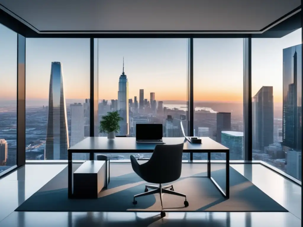 Oficina minimalista con vista panorámica Ejemplos exitosos de marketing de afiliados en una oficina minimalista con vista panorámica de la ciudad