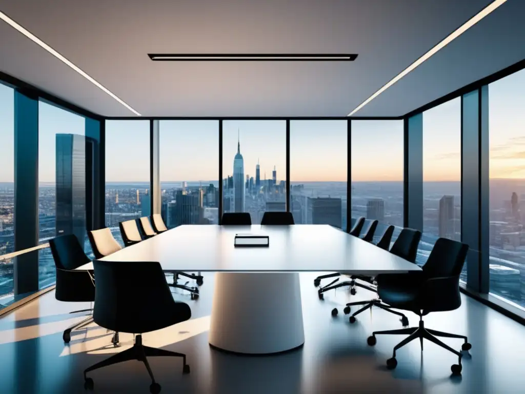 Espacio de oficina minimalista y elegante Un impresionante espacio de oficina minimalista con vistas panorámicas a una ciudad vibrante, ideal para casos de éxito en el marketing de afiliados