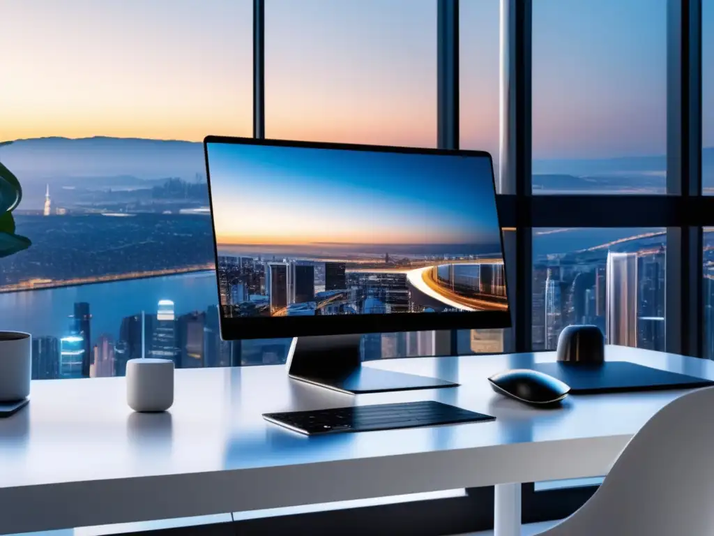 Espacio de trabajo minimalista con vista panorámica Escritorio minimalista con vista panorámica hacia la ciudad y herramientas de afiliados