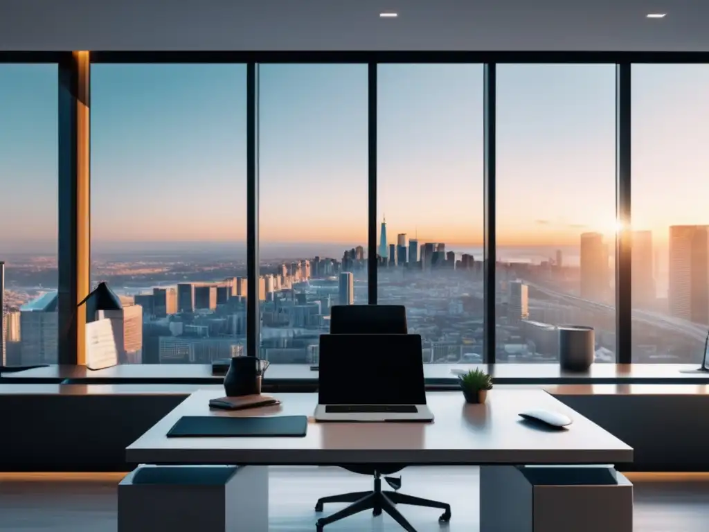 Oficina minimalista con vista panorámica de la ciudad y herramientas de SEO para marketing de afiliados