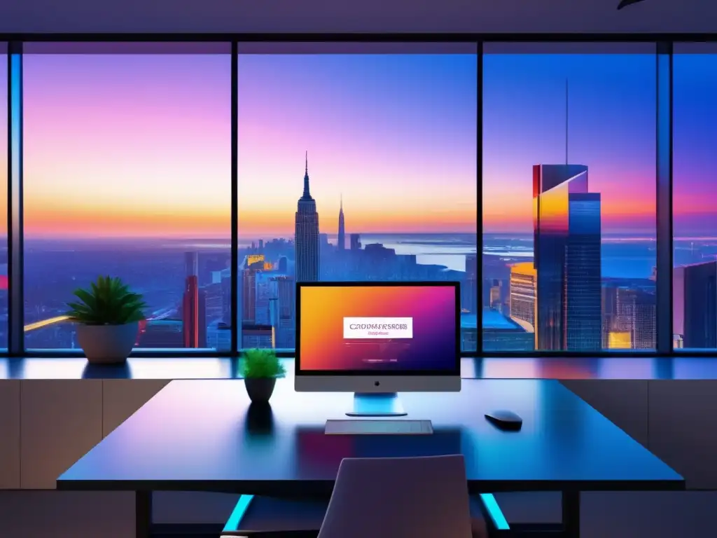 Oficina minimalista con vista panorámica de la ciudad al atardecer Oficina minimalista con vista a la ciudad al atardecer: mejora la tasa de conversión en el marketing de afiliados