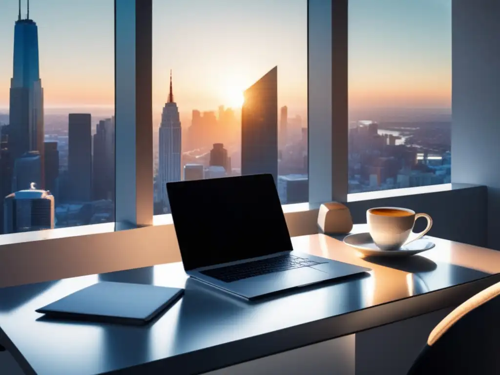 Espacio de trabajo minimalista con vistas a la ciudad Pasos para comenzar en el marketing de afiliados con una oficina minimalista y productiva