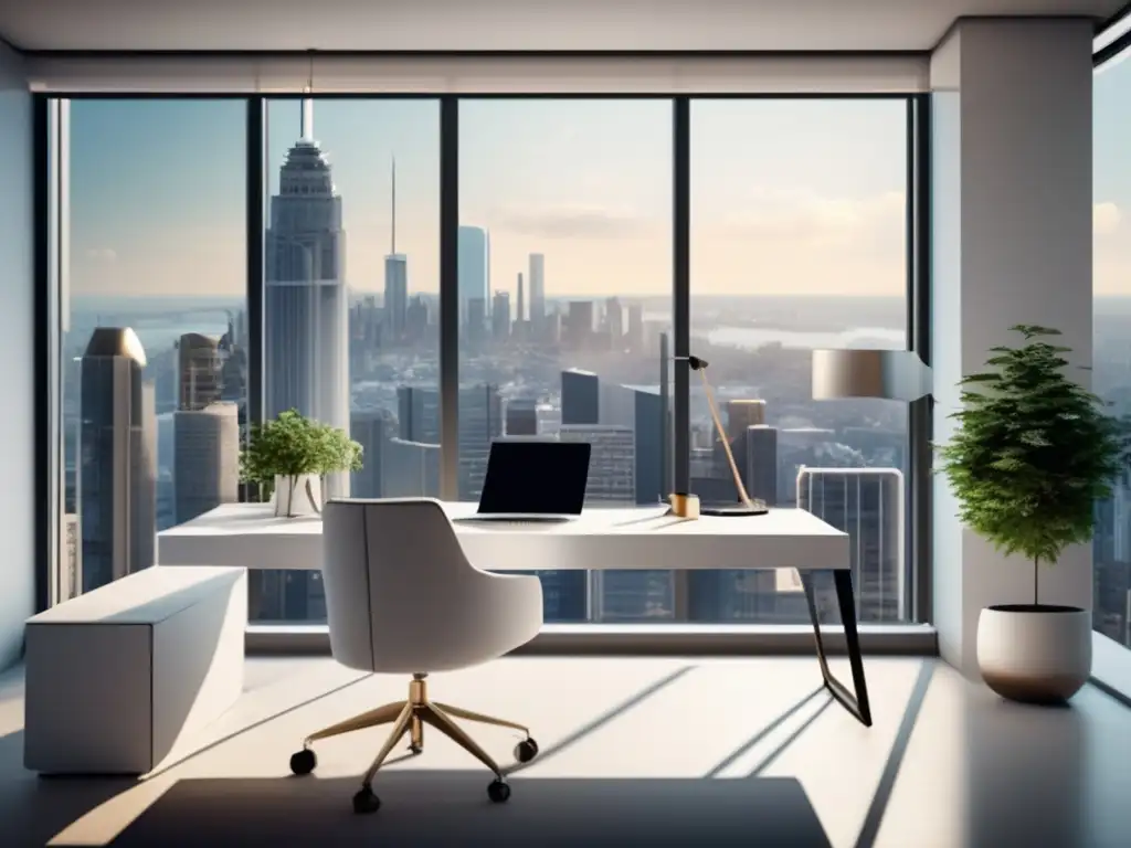 Oficina minimalista con vista a la ciudad Una oficina moderna y minimalista con vistas a la ciudad, reflejando las tendencias actuales en el marketing de afiliados