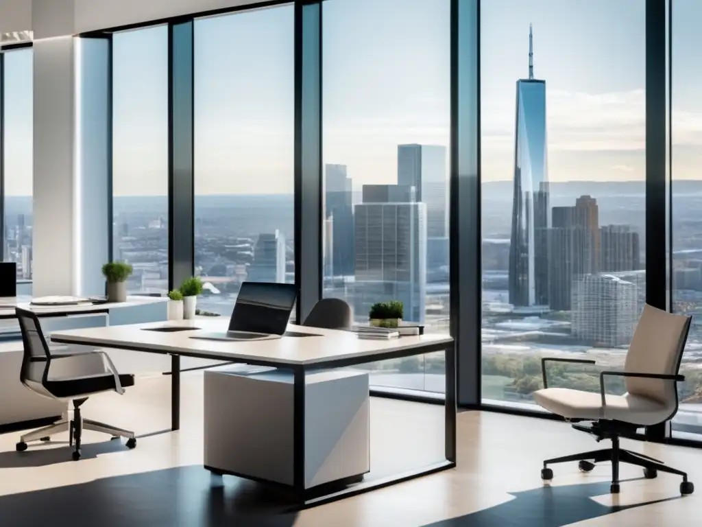 Oficina moderna con vista panorámica Oficina moderna con vista a la ciudad, diseño minimalista y ambiente luminoso