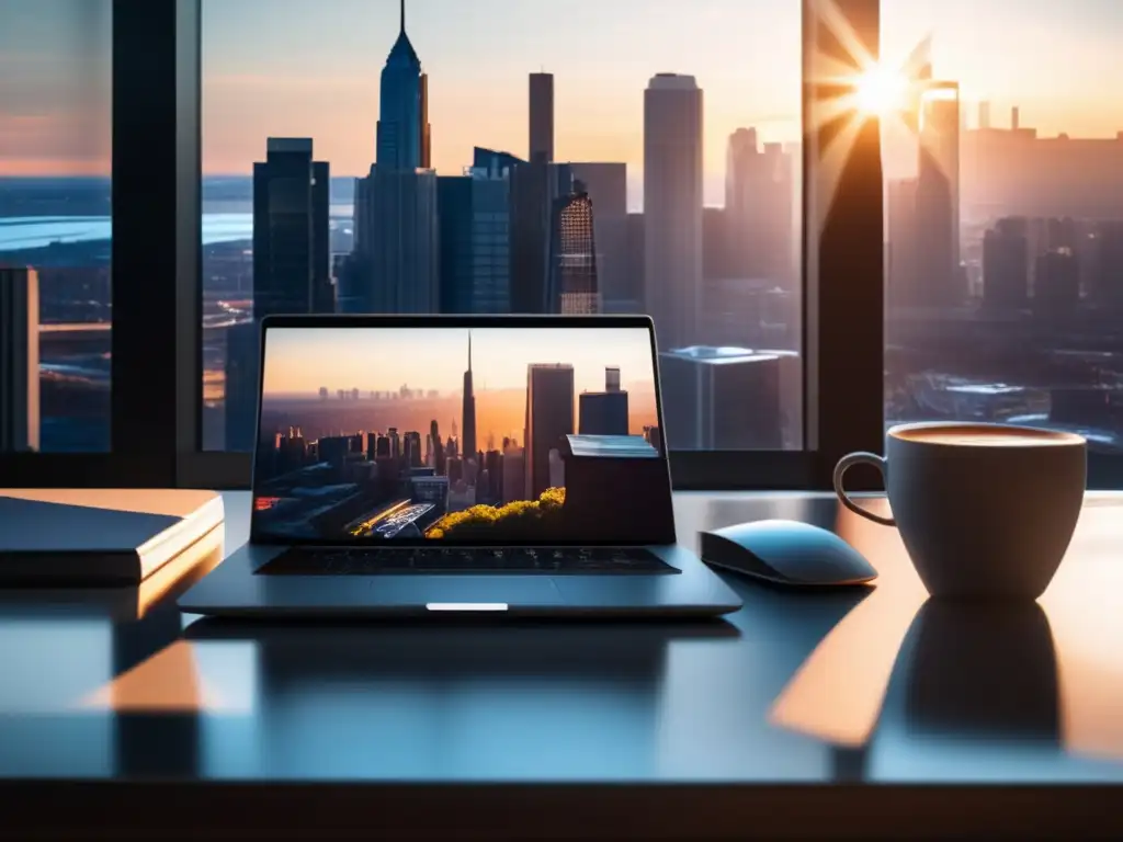 Escritorio minimalista con laptop, cuaderno, bolígrafo y café