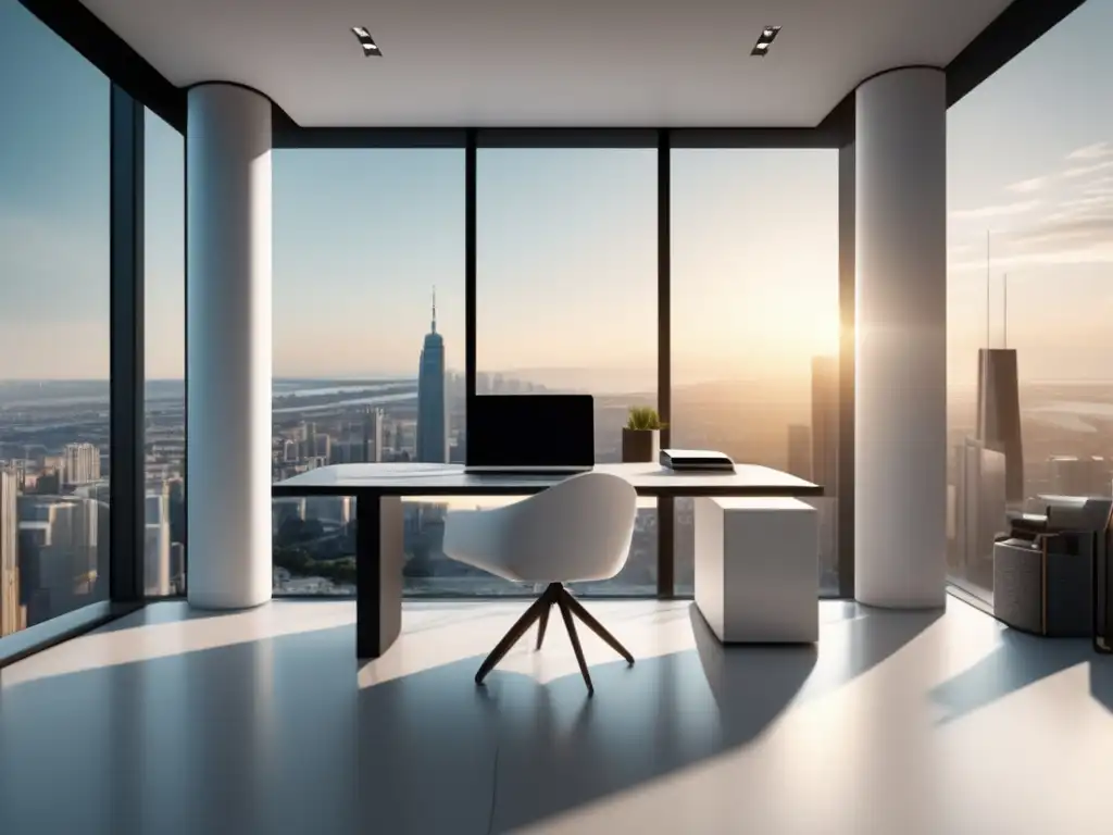 Oficina minimalista con vista urbana Ejemplo de marketing de afiliados: Oficina minimalista y moderna con vista a la ciudad, escritorio blanco con laptop y plantas