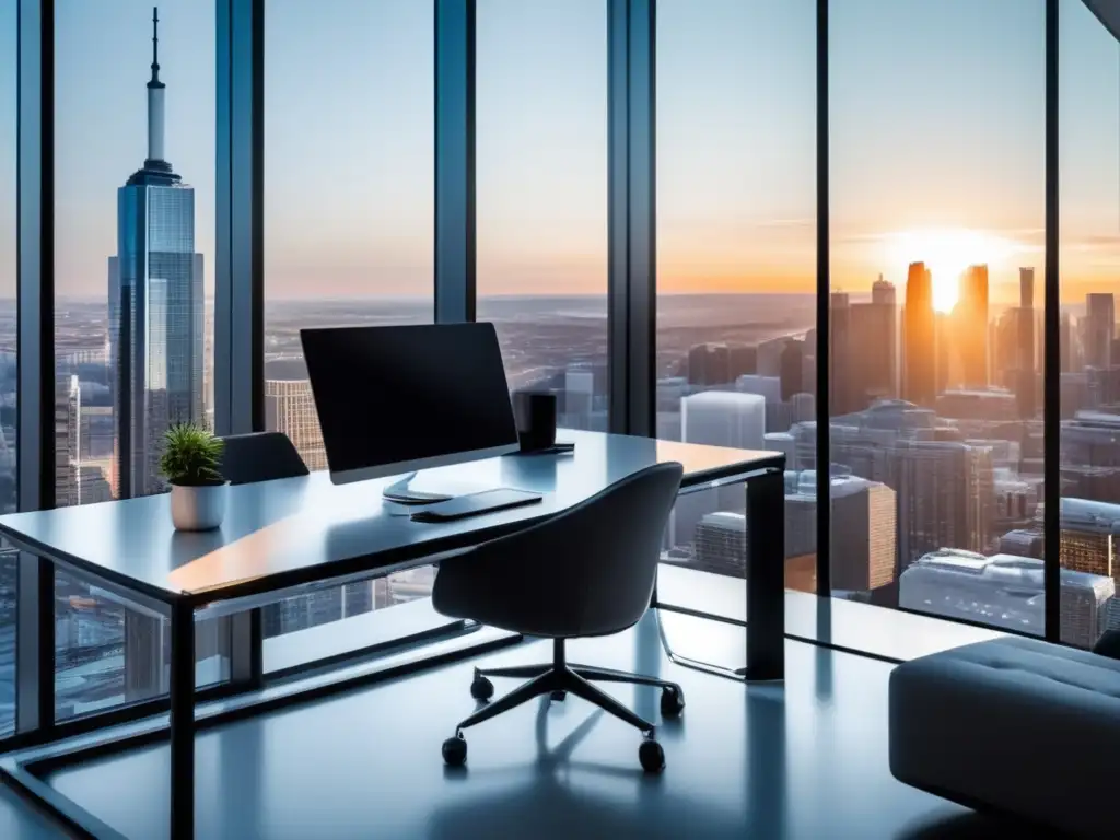 Espacio de oficina moderno y sofisticado Oficina moderna con vista urbana y elementos para estrategias de marketing de afiliados