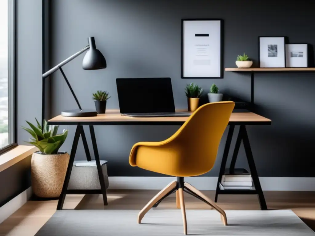 Oficina minimalista y moderna Un elegante estudio en casa con un escritorio minimalista y una pantalla de marketing de afiliados vibrante