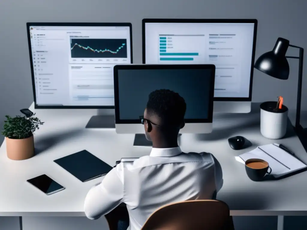 Profesionalidad en el marketing de afiliados Persona analizando datos en una oficina minimalista y organizada, optimizando conversiones en marketing de afiliados