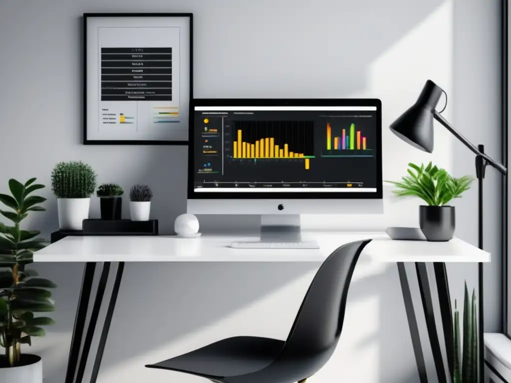 Oficina minimalista con escritorio blanco y monitor de gráficos Oficina moderna con escritorio blanco y monitor de gráficos