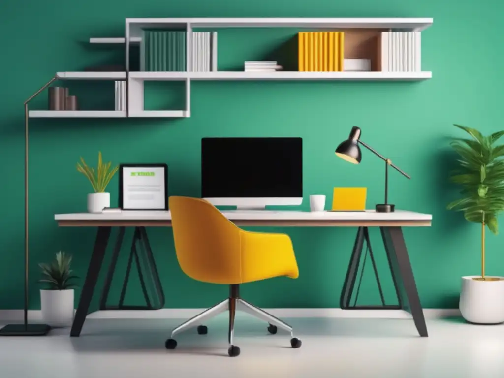 Oficina minimalista con enfoque en SEO Oficina minimalista con escritorio moderno, laptop de alta calidad y libros sobre SEO y marketing de afiliados