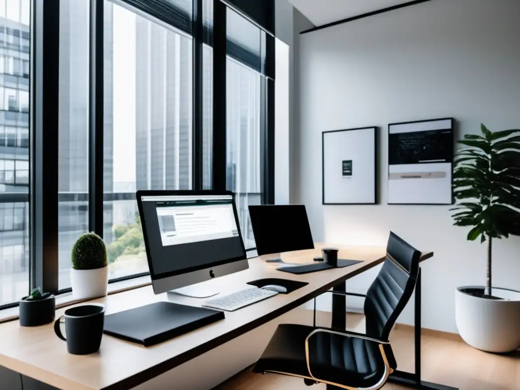 Espacio de oficina moderno y minimalista Espacio de oficina moderno con paredes blancas y ventanas de piso a techo