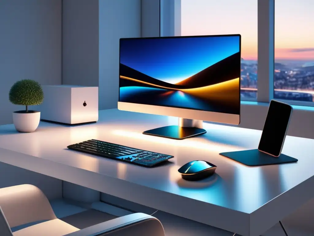 Oficina minimalista y moderna Espacio de trabajo minimalista con laptop, teclado y ratón inalámbricos, smartphone y vista urbana al atardecer