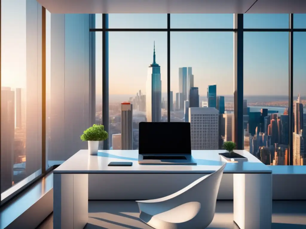 Oficina moderna con muebles blancos y vista a la ciudad