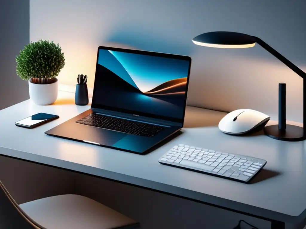 Elegante y minimalista oficina Escritorio minimalista con laptop y accesorios de oficina - Estrategias para optimizar ganancias en marketing de afiliados