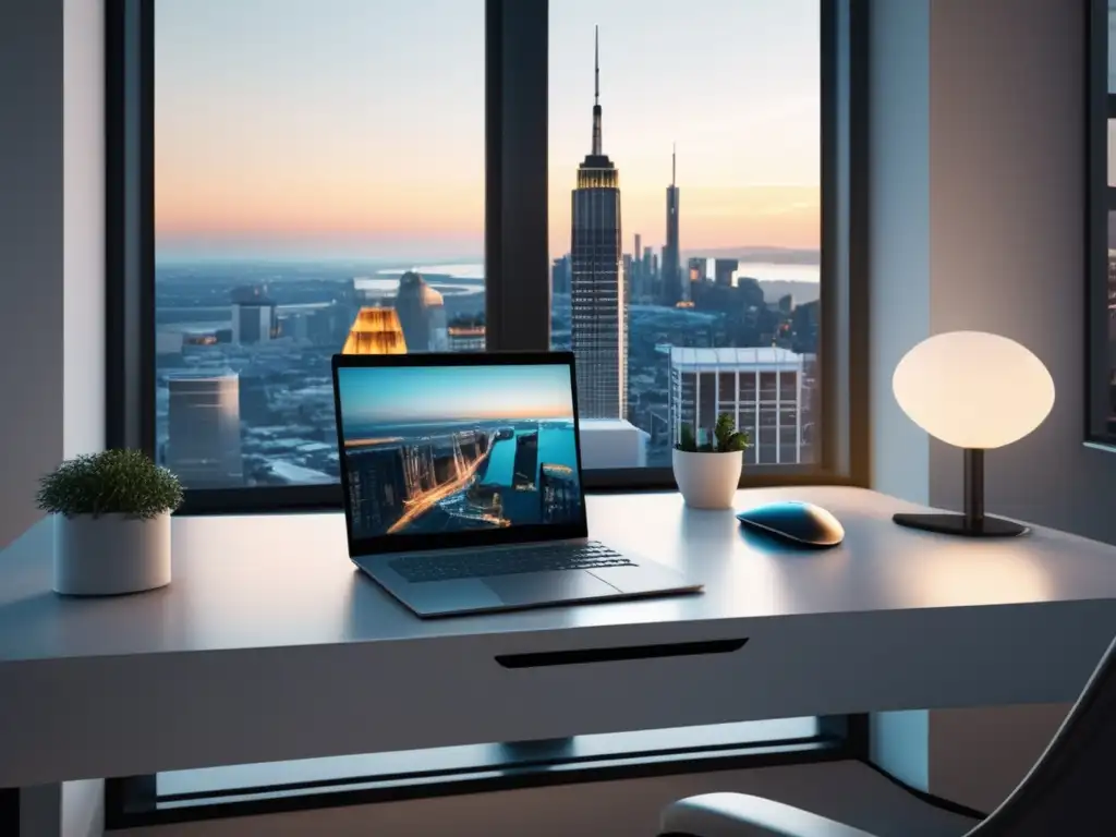 Espacio de trabajo minimalista y moderno Oficina minimalista con escritorio blanco, laptop, ratón inalámbrico y vista de ciudad