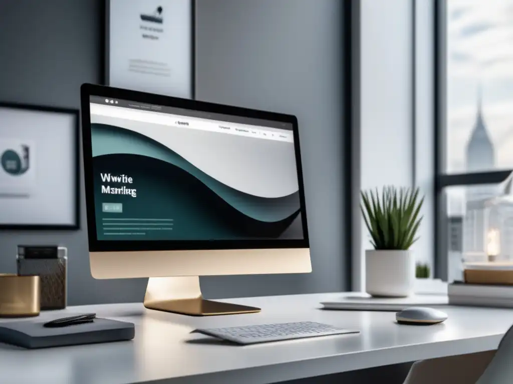 Oficina minimalista con escritorio blanco y monitor de alta resolución Oficina moderna con escritorio blanco, monitor de alta resolución y elementos de papelería elegantes