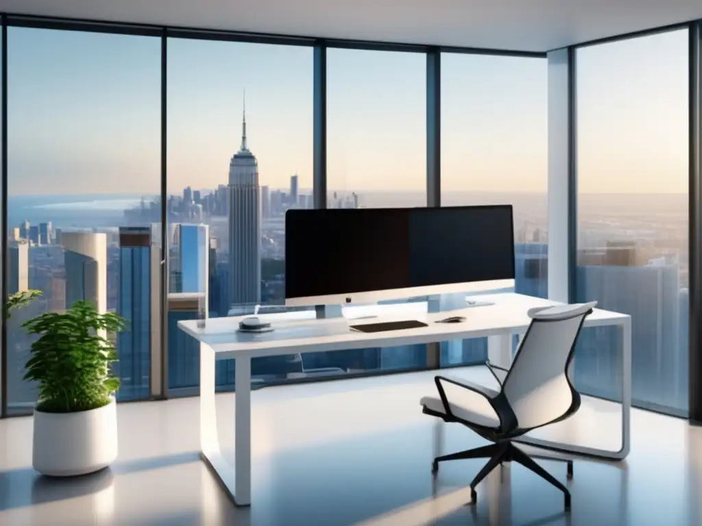 Oficina minimalista con vista panorámica Oficina minimalista con vista panorámica de la ciudad, muebles modernos y tecnología de vanguardia