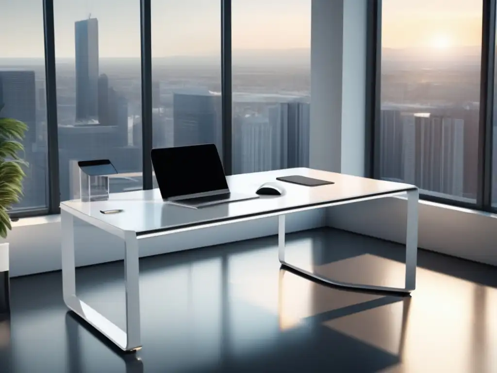 Oficina minimalista con vista a la ciudad Oficina minimalista con escritorio blanco y vista a la ciudad, ideal para marketing de afiliados