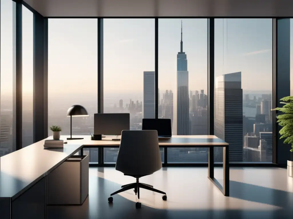 Espacio de oficina moderno y sofisticado Oficina moderna con vista a la ciudad, diseño minimalista y cumplimiento de leyes y regulaciones legales para afiliados