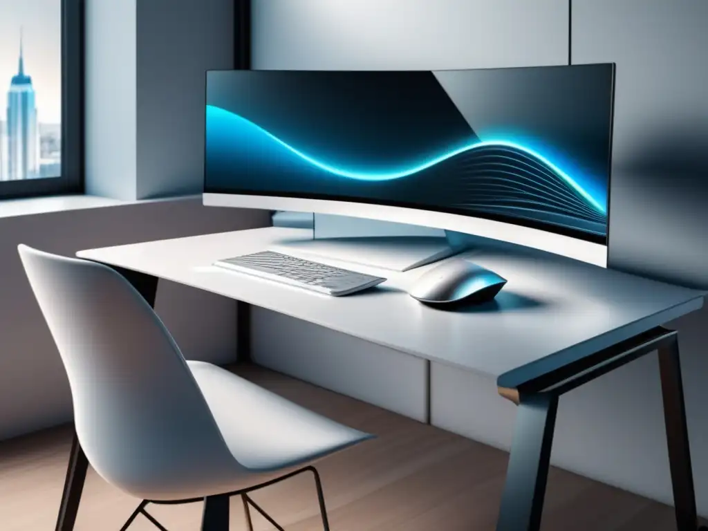 Escritorio minimalista para el éxito en el marketing de afiliados Escritorio minimalista y elegante con teclado inalámbrico, ratón moderno y monitor de alta resolución