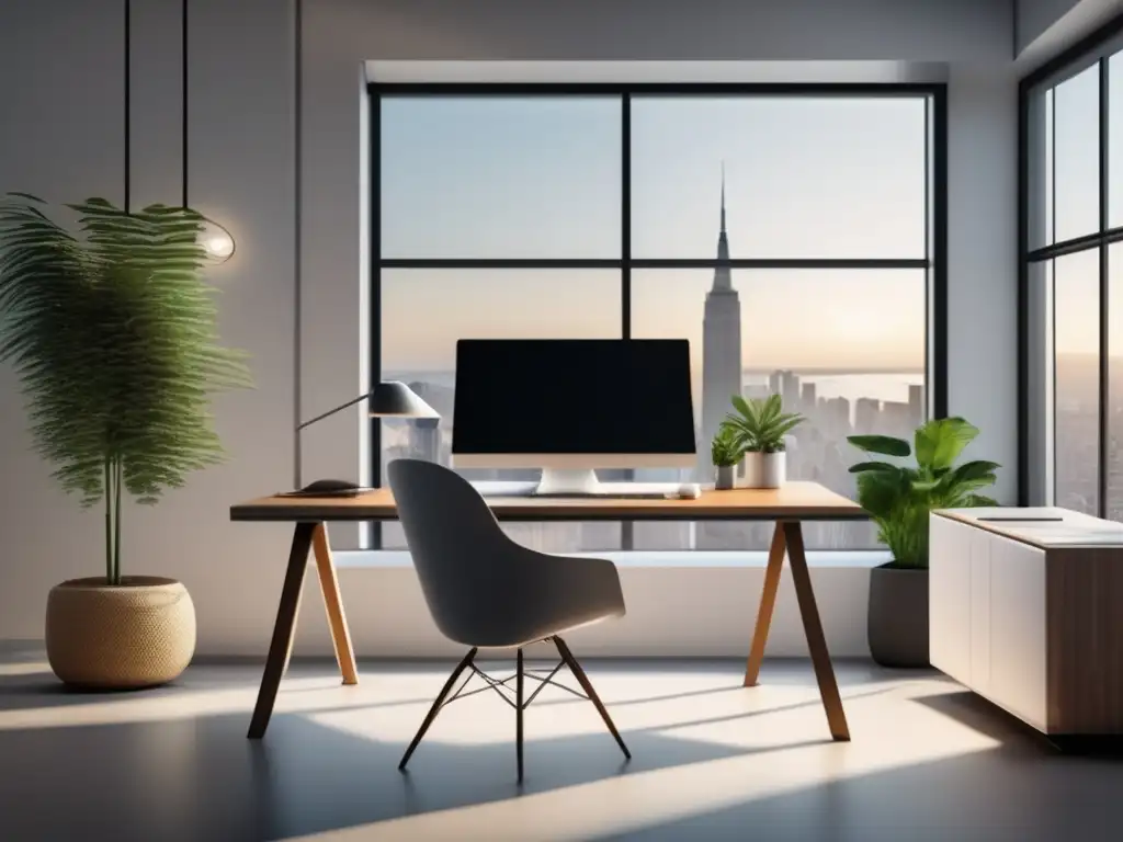 Espacio de oficina moderno y minimalista Oficina moderna con escritorio elegante, monitor de alta gama y libros de negocios, transmitiendo productividad y sofisticación
