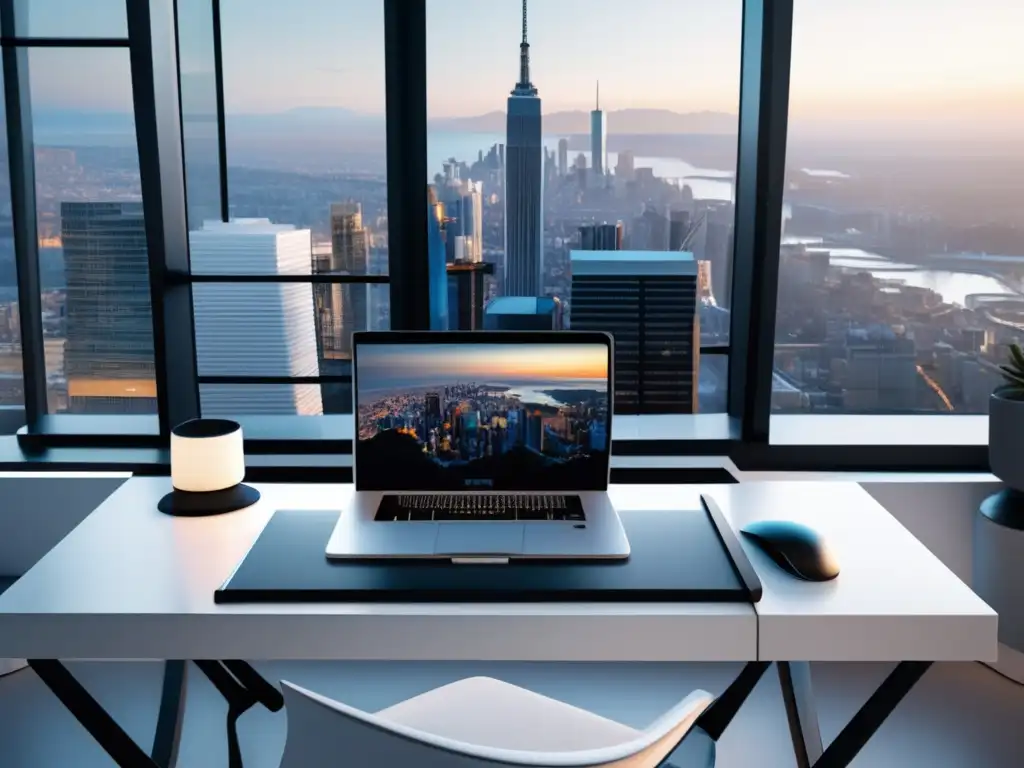 Oficina moderna y minimalista Oficina moderna con escritorio blanco, laptop de alta gama, teclado, ratón inalámbricos y pantalla de análisis de programas de afiliados