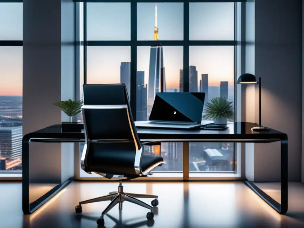 Elegante oficina minimalista con laptop y vista panorámica Oficina minimalista con escritorio de vidrio negro y laptop mostrando gráfico de ganancias por programas de afiliados más efectivos