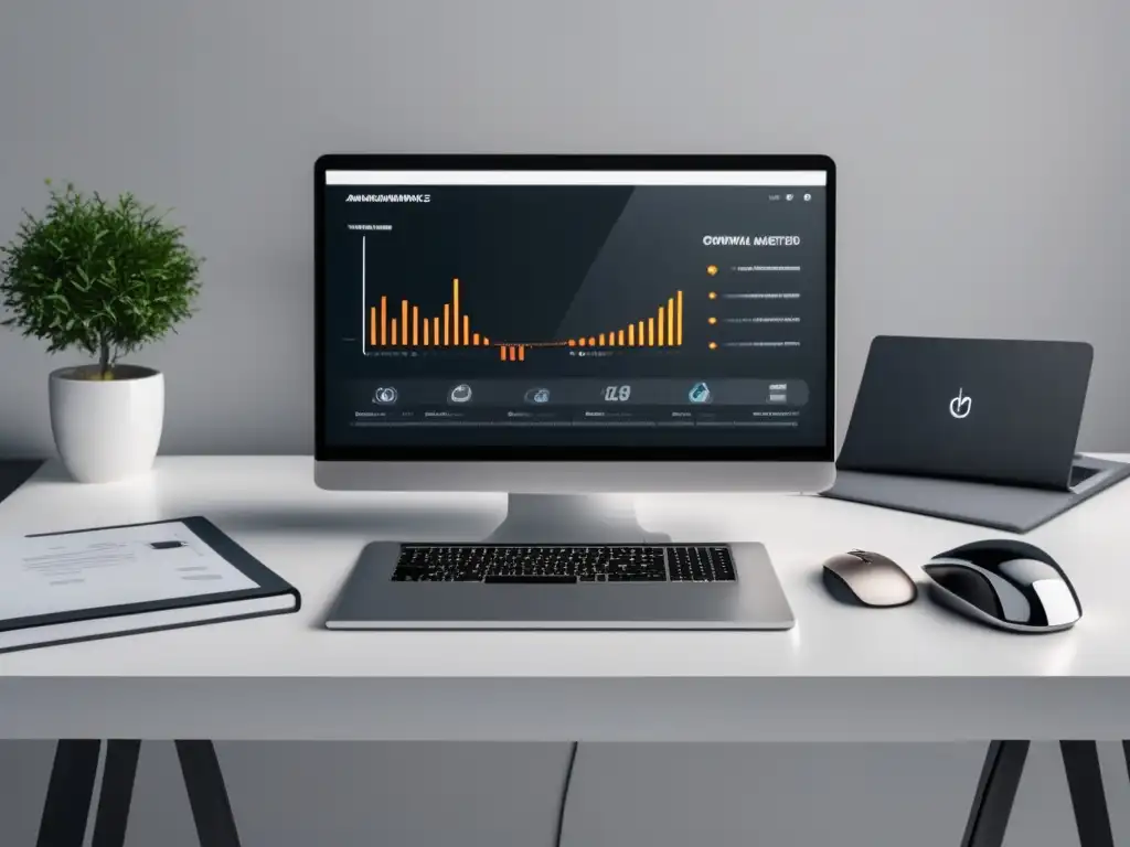 Espacio de trabajo minimalista de alta gama Escritorio minimalista con laptop y herramientas de marketing de afiliados