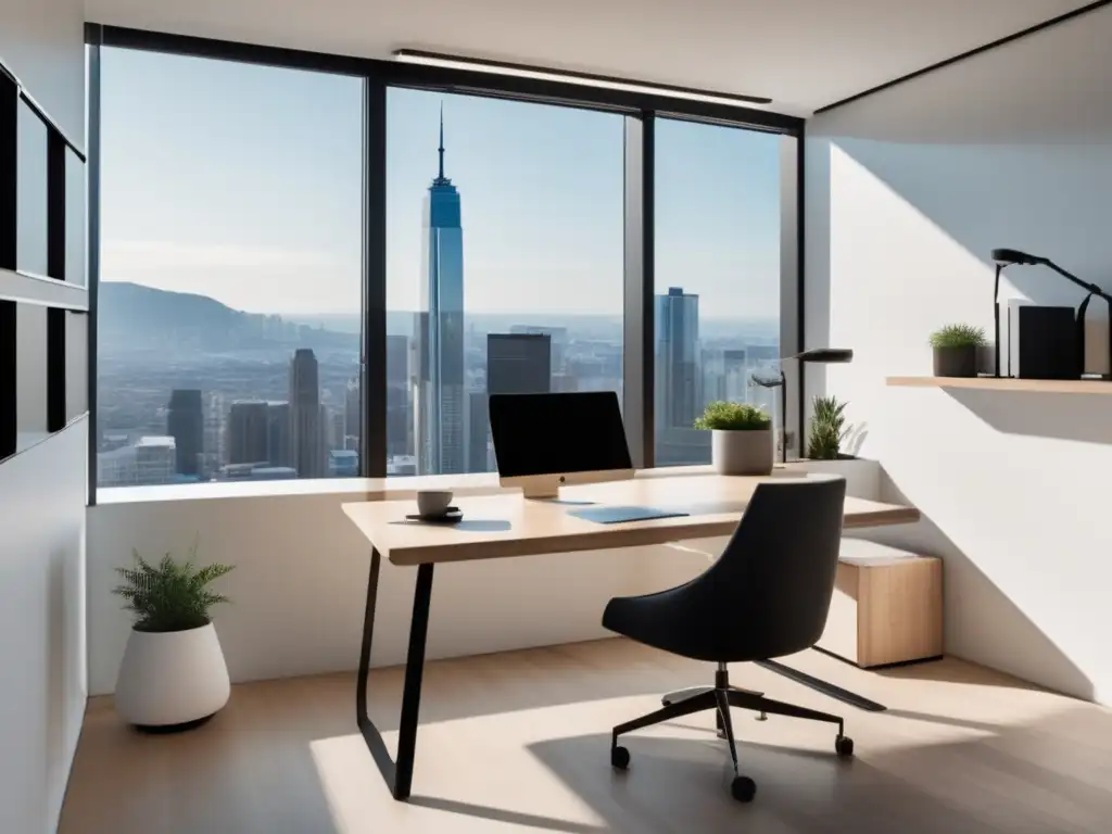 Espacio de oficina minimalista y moderno con vista panorámica de la ciudad Oficina moderna con vista panorámica, muebles ergonómicos y estadísticas de marketing de afiliados exitosos