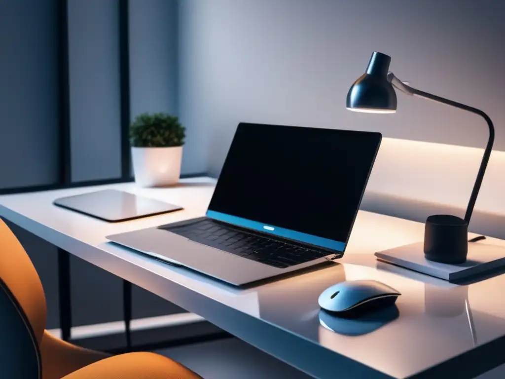 Escritorio minimalista y organizado Escritorio minimalista con laptop, teclado inalámbrico y métricas clave en marketing de afiliados