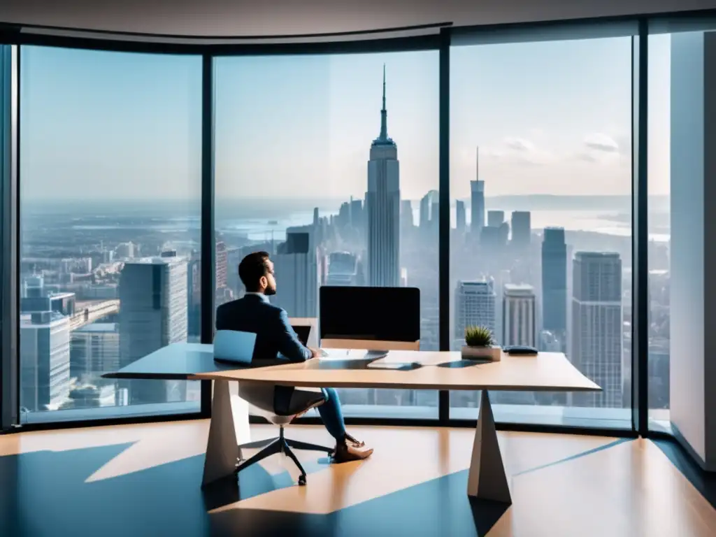 Oficina minimalista y exitosa Oficina moderna con vista a la ciudad, éxito en el marketing de afiliados