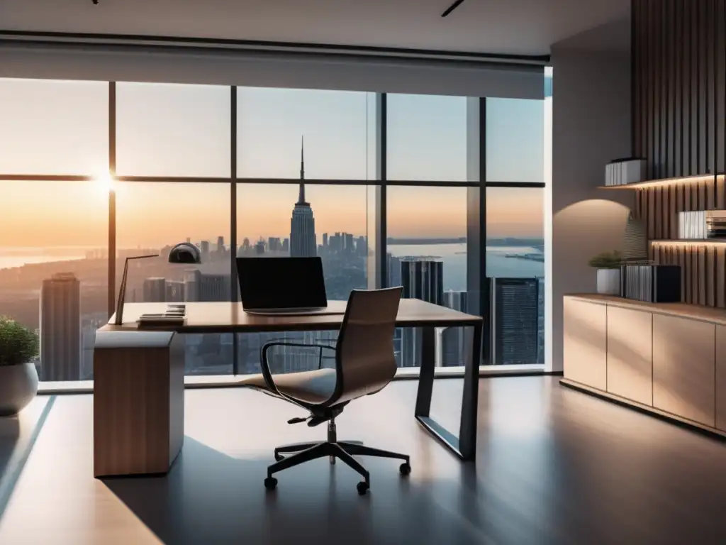 Espacio de oficina minimalista y moderno Espacio minimalista de oficina con escritorio de madera y vista impresionante