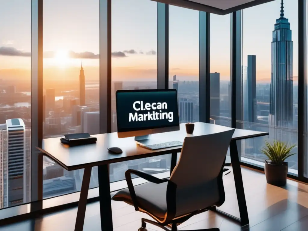 Oficina minimalista con vista a la ciudad Oficina minimalista con vista urbana y estadísticas de marketing de afiliados