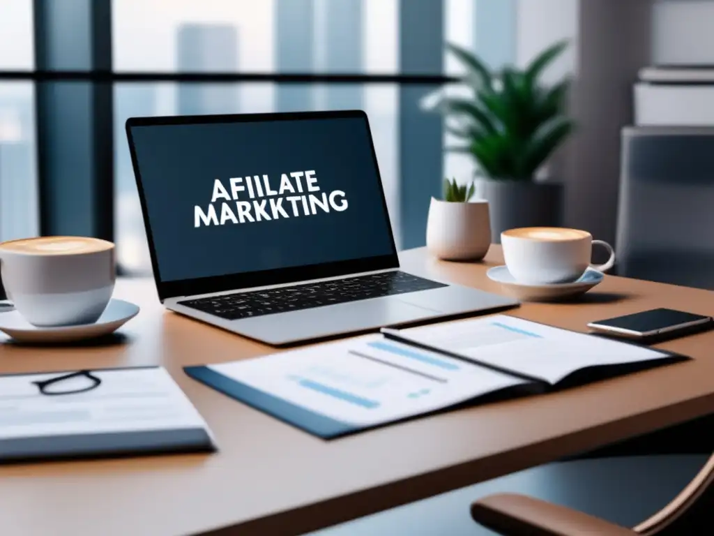 Oficina moderna con escritorio, laptop y documentos Oficina moderna con escritorio, laptop y documentos legales: Leyes y regulaciones del marketing de afiliados