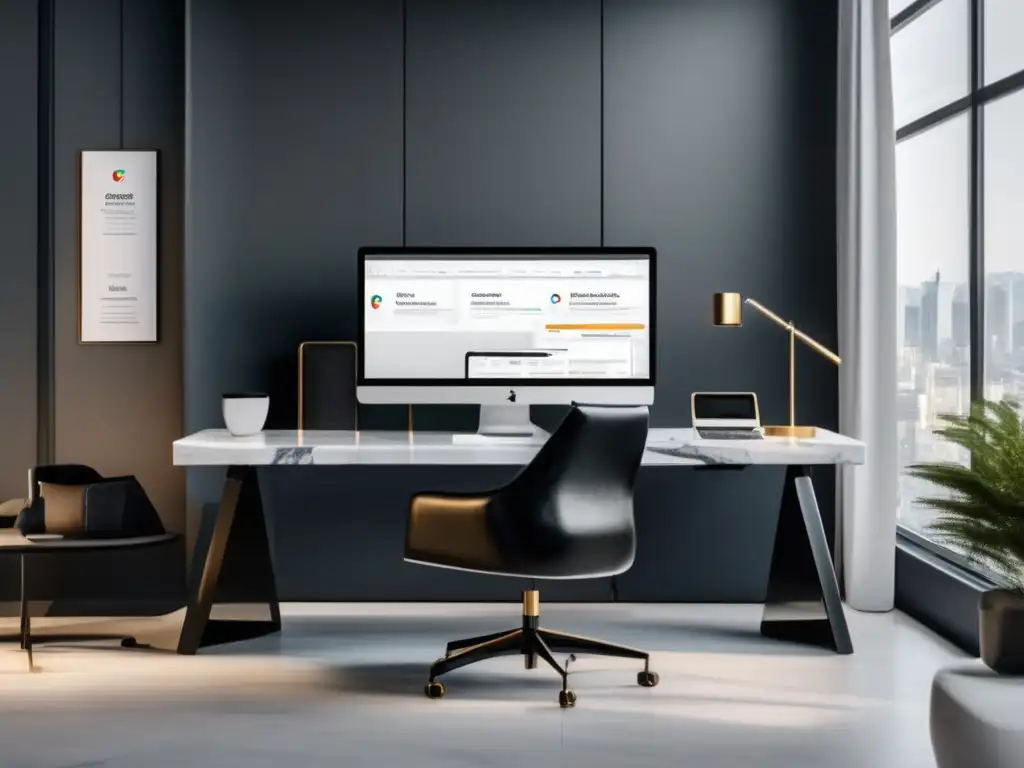 Espacio de trabajo minimalista Oficina minimalista con escritorio de mármol blanco, computadora moderna y vista panorámica de la ciudad