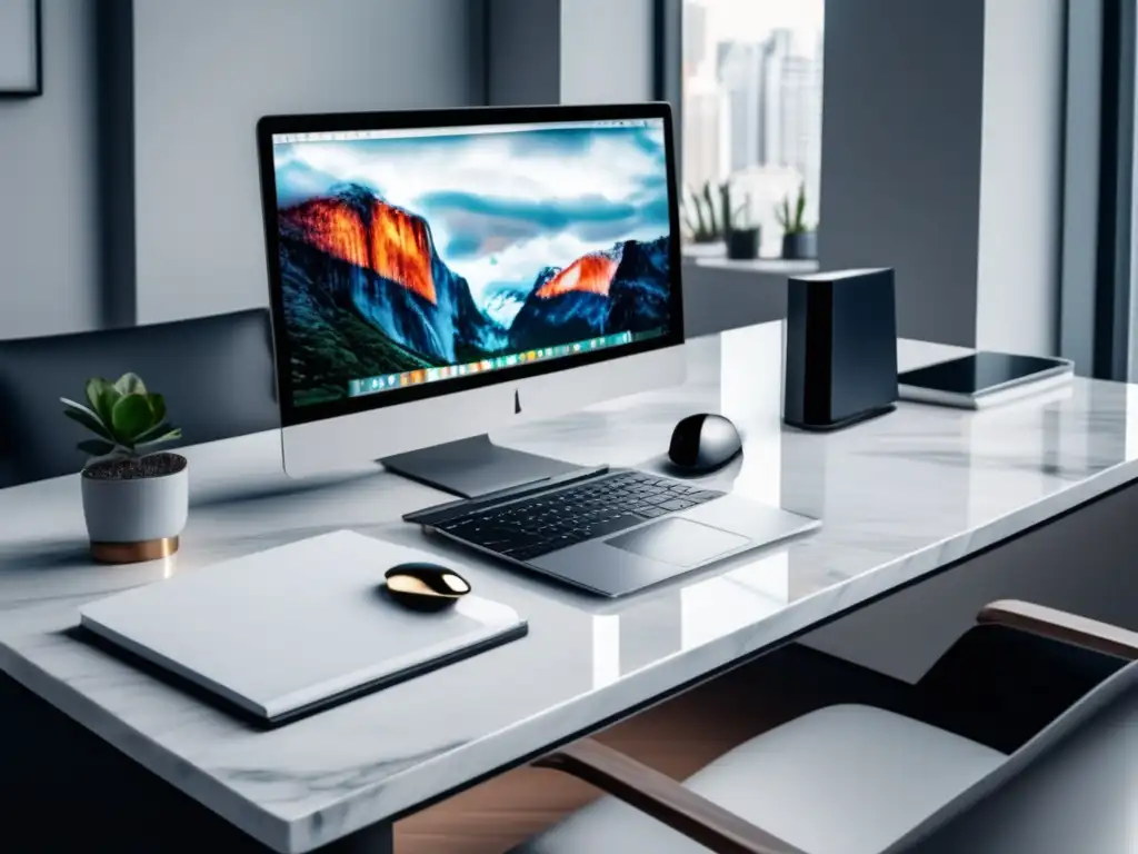 Escritorio minimalista en mármol blanco Escritorio minimalista en mármol blanco con laptop moderna y programas de afiliados para maximizar ganancias