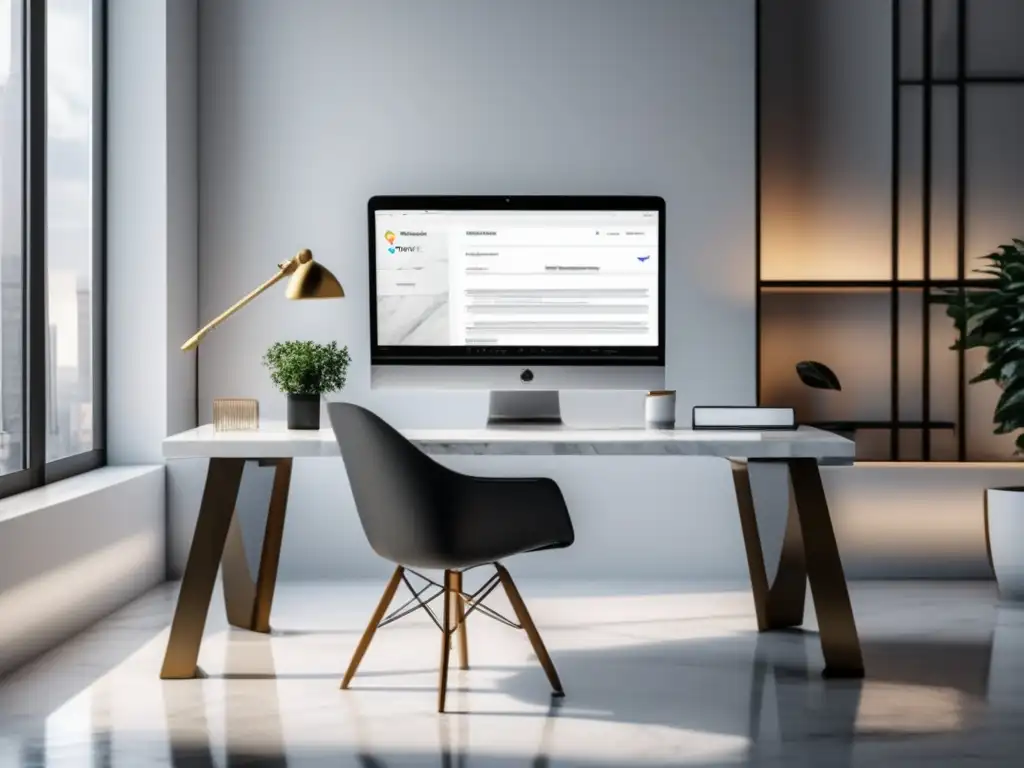 Espacio de oficina moderno y minimalista con escritorio de mármol blanco Oficina moderna con escritorio de mármol blanco y equipo de marketing de afiliados